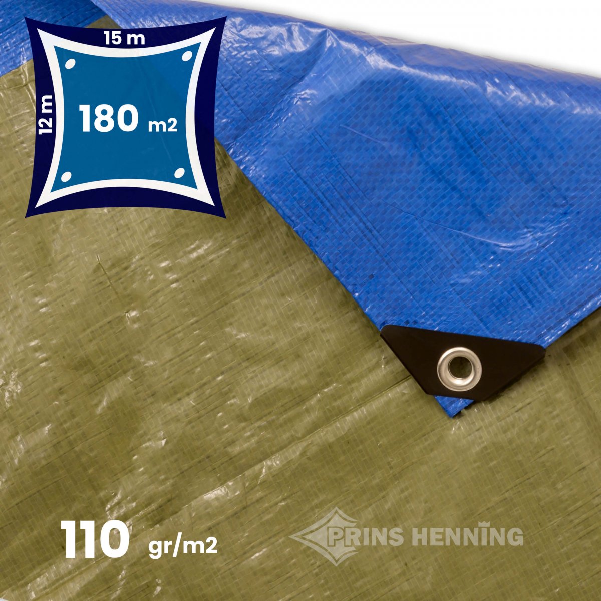Standard presenning, 12x15 meter, blå/grøn, 110 gr/m2 Billige Presenninger - Prins Henning ApS